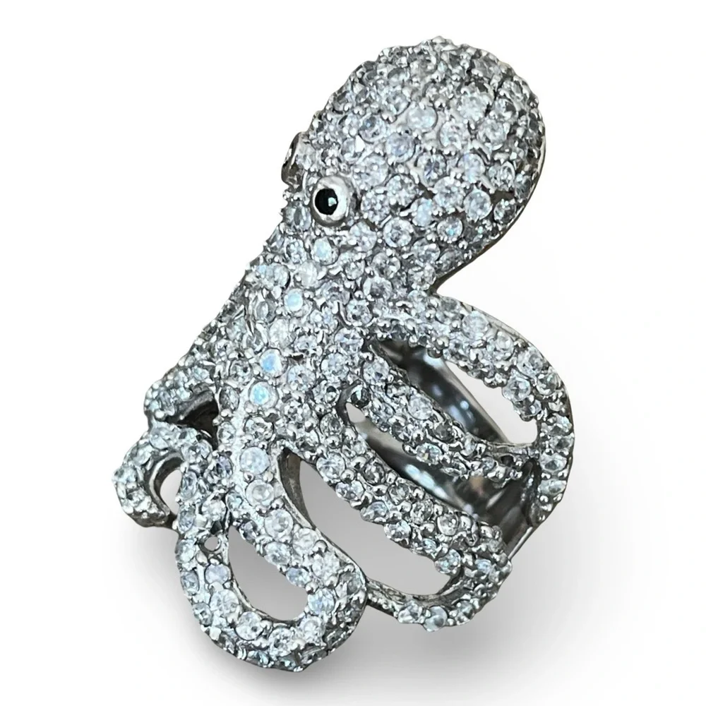 Large Sparkling Pave Silver Tone Statement Octopus Ring Size 7